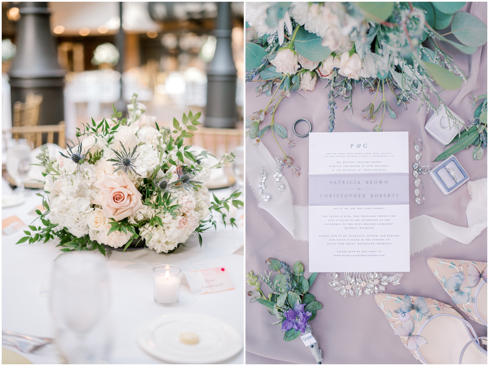 detail shots from your wedding photographer of invitations and centerpieces