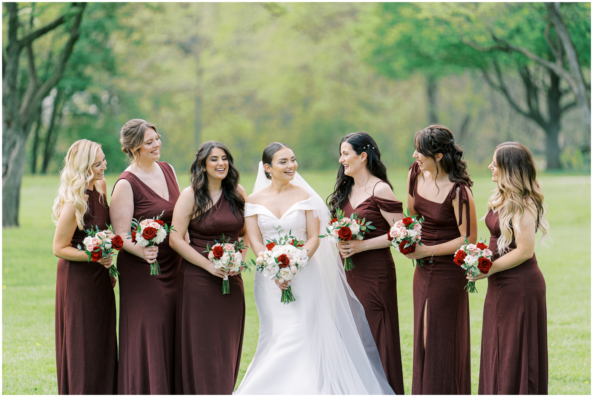 Bridesmaids with burgundy dresses