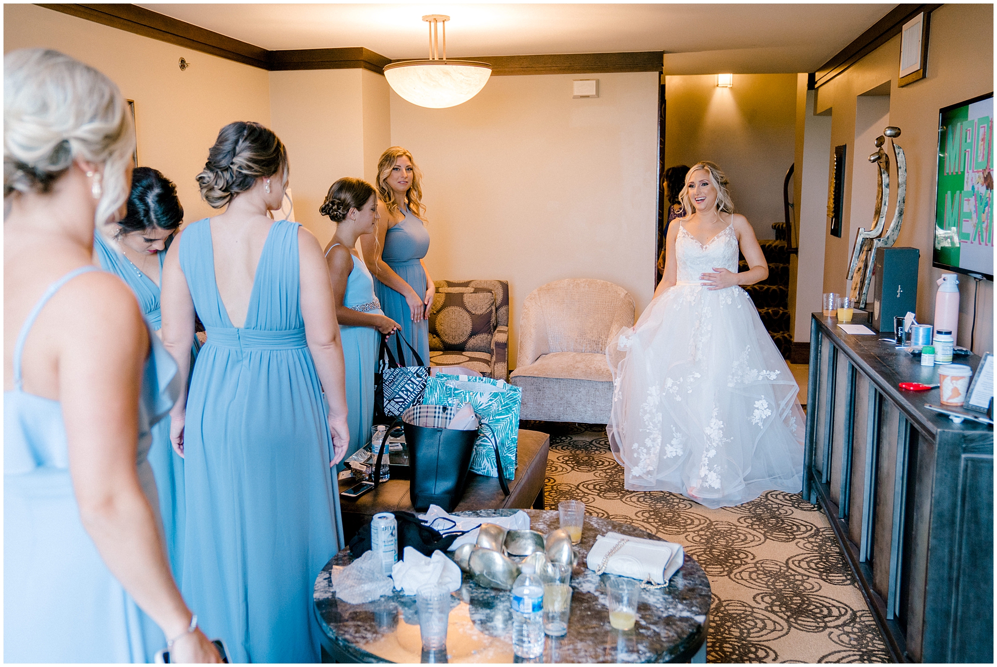 first look with wedding party bridesmaids