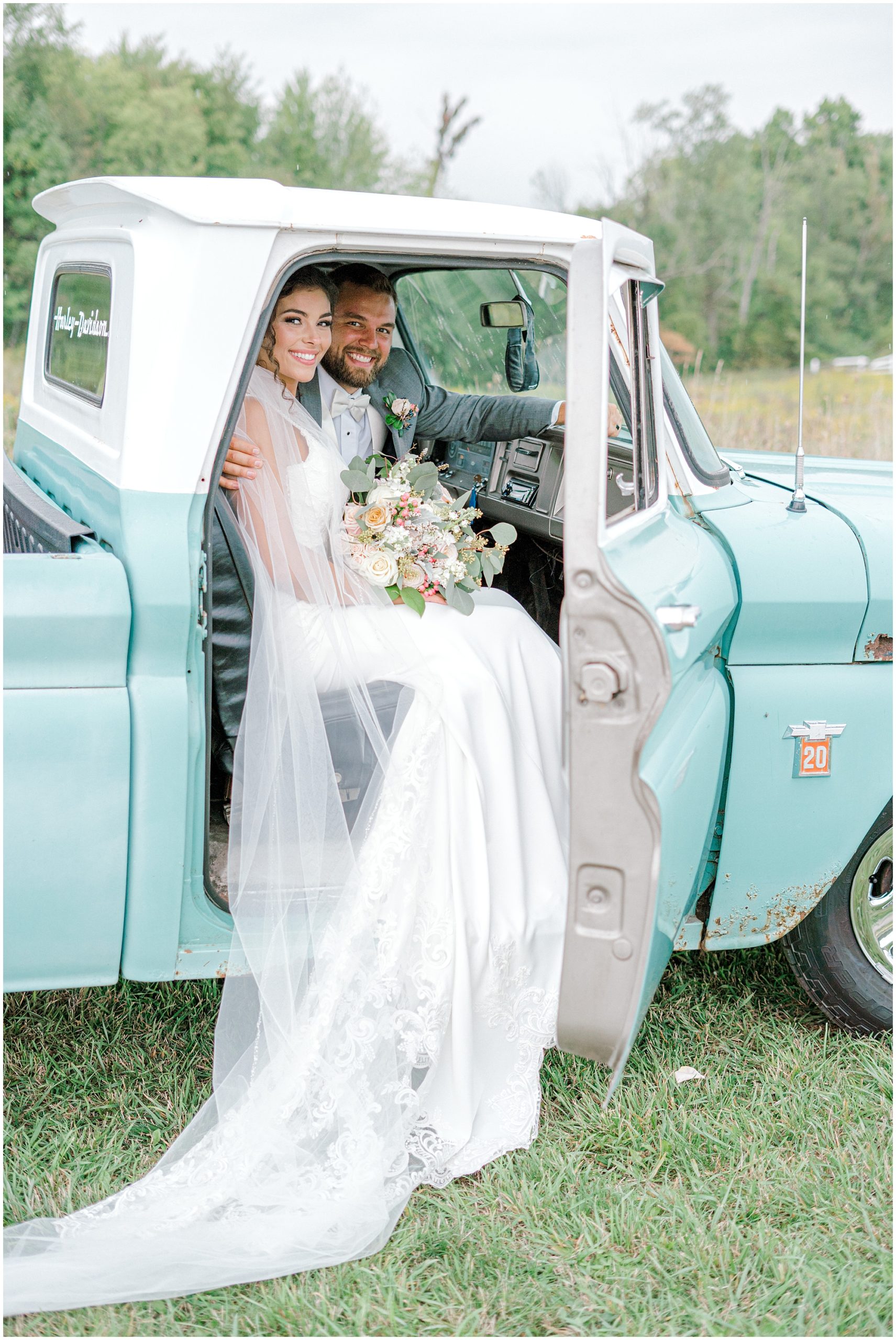 bride and groom get into getaway car