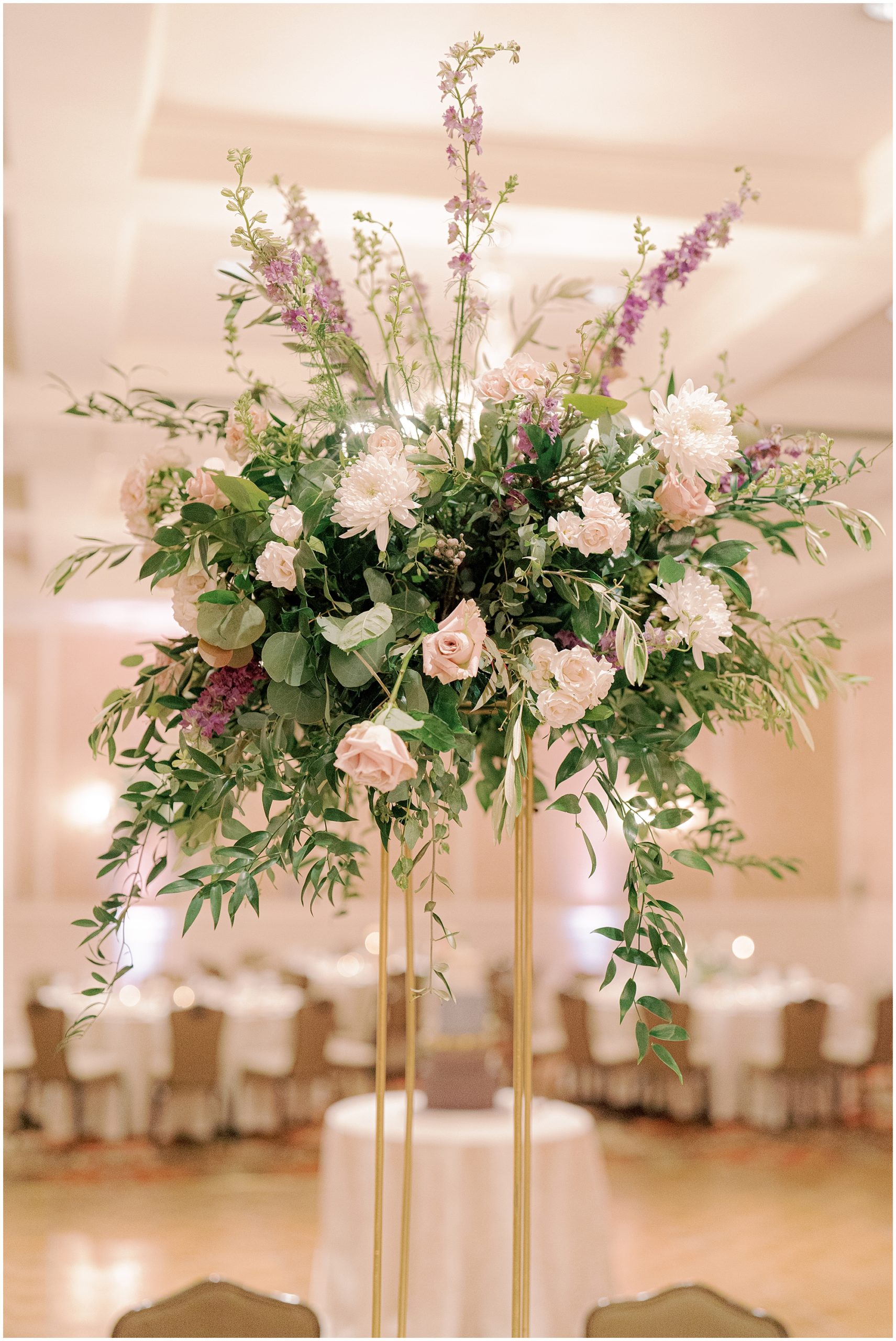 lavender wedding flowers in tall centerpieces