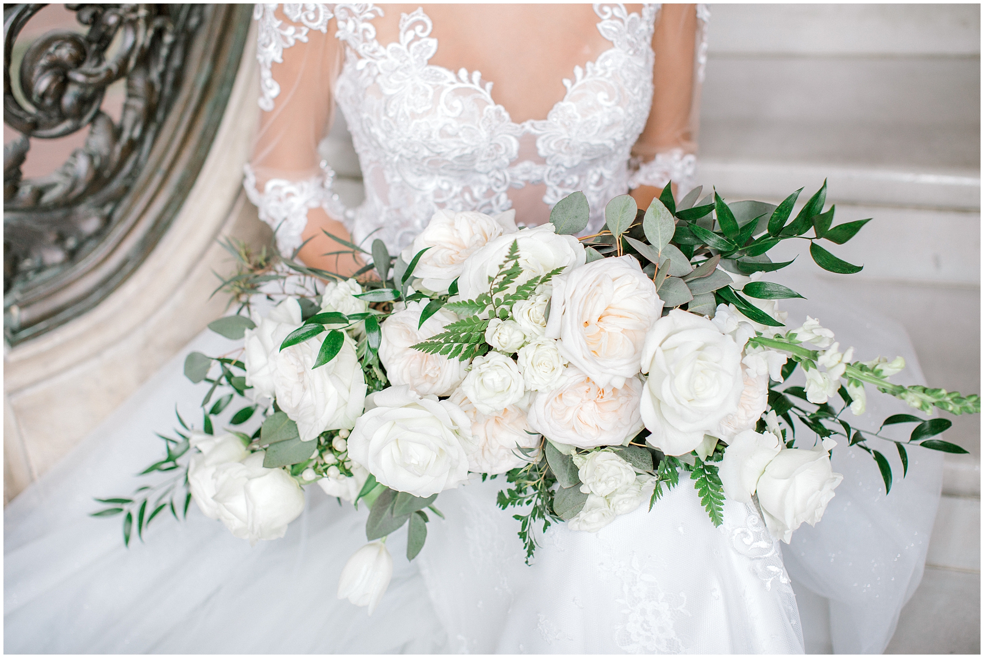 closeup of lace long sleeve wedding dress
